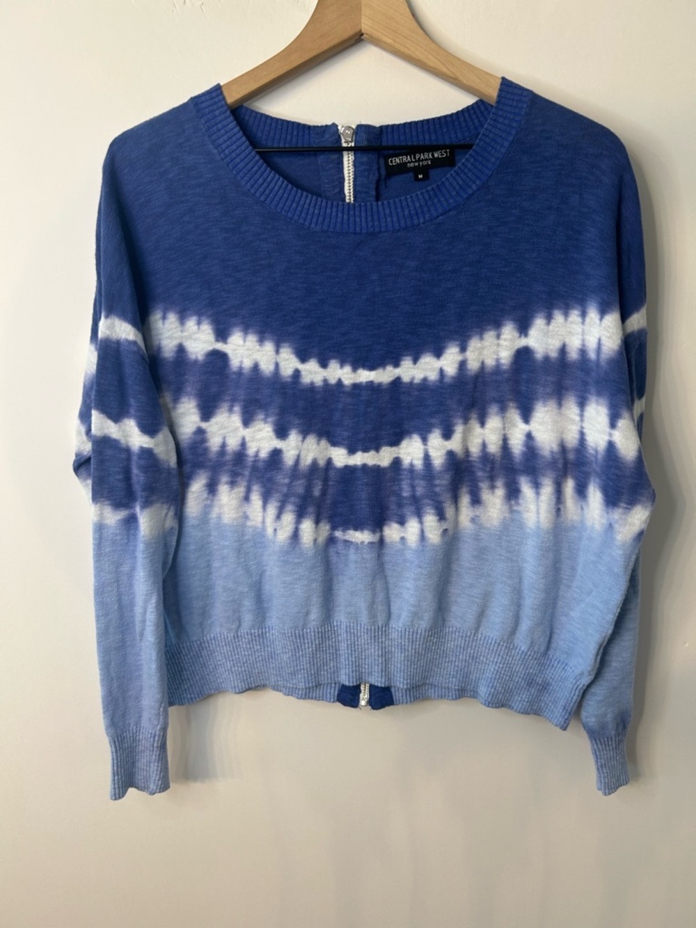Central Park West Blue Tie Dye 100% Cotton Zip Back Sweater, Size Medium